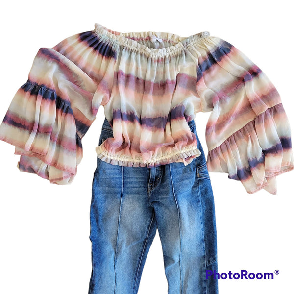 BOHO Olivaceous off shoulder sheer flowy top, size medium