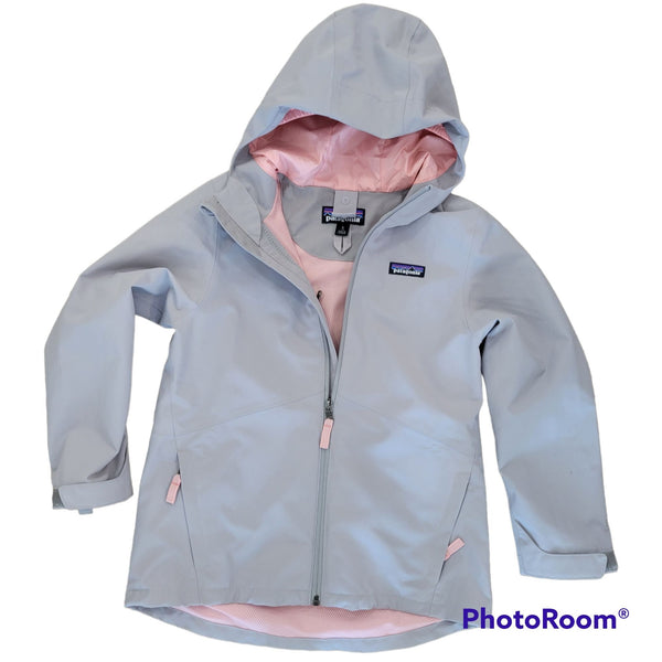 Patagonia kids hooded jacket, gray with pink lining inside - small 7/8